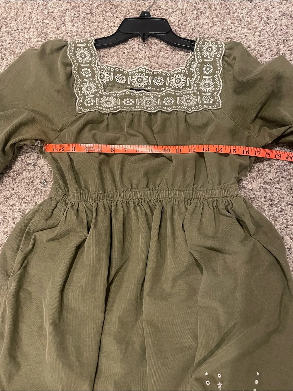 Madewell Olive Green Square-Neck Embroidered Long-Sleeve Dress
